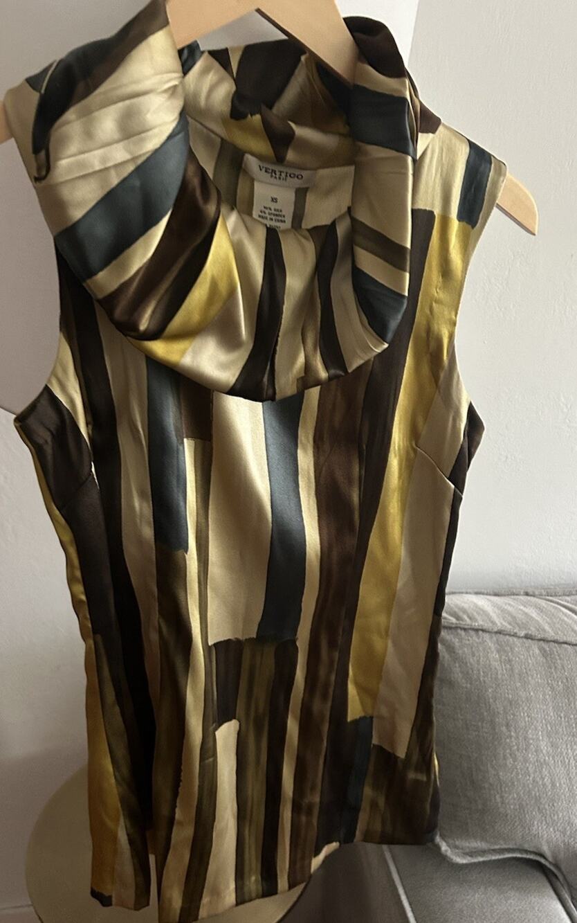 Vtg Y2K Vertigo Silk Top XS Color Block 2000s Multicolor Blouse